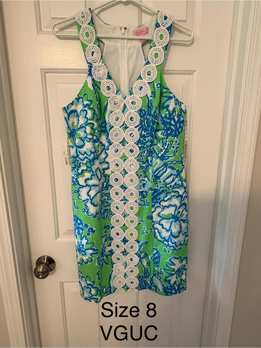 Lilly Pulitzer Green and Blue Floral Midi Dress with White Crochet Trim